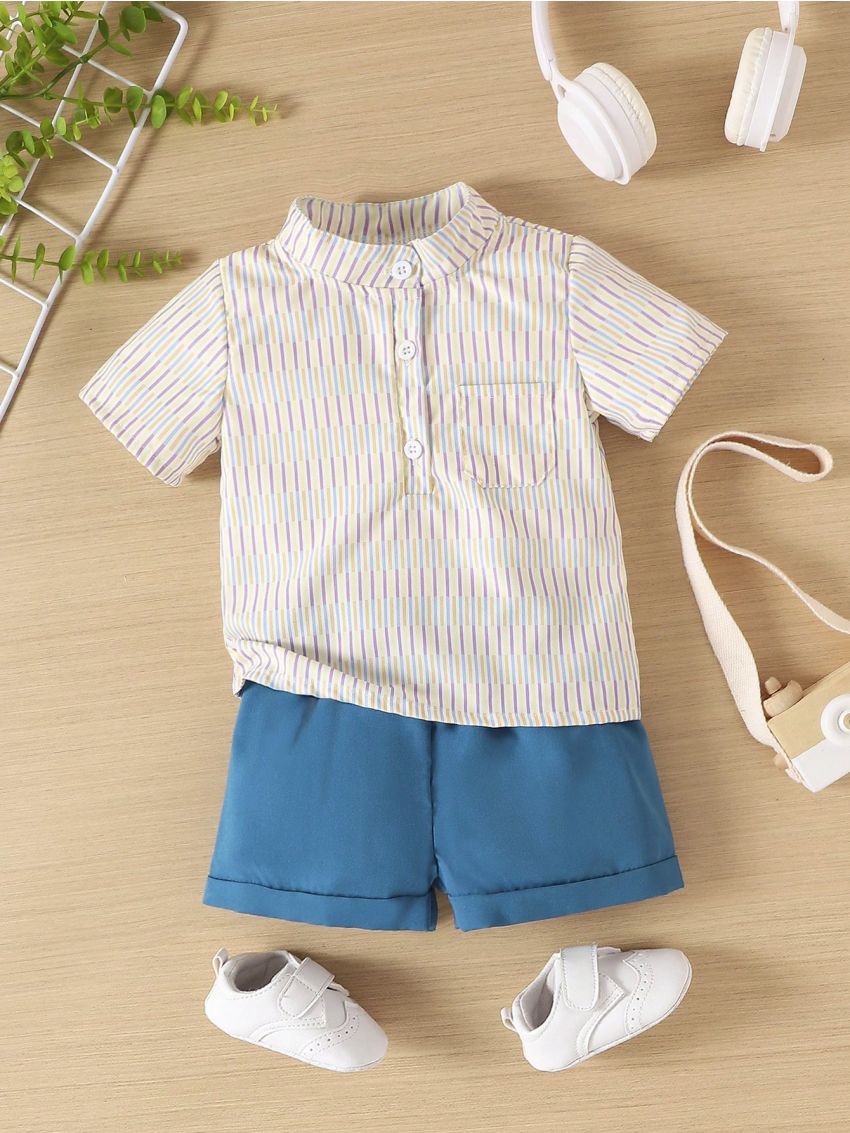 Spring/Summer Newborn Boy Casual Simple Striped & Printed Short Sleeve Shirt And Blue Elastic Waist Shorts Set
