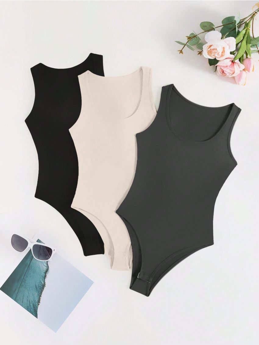 SHEIN Essnce 3pcs/Set Plus Size Solid Color Sleeveless Bodysuit