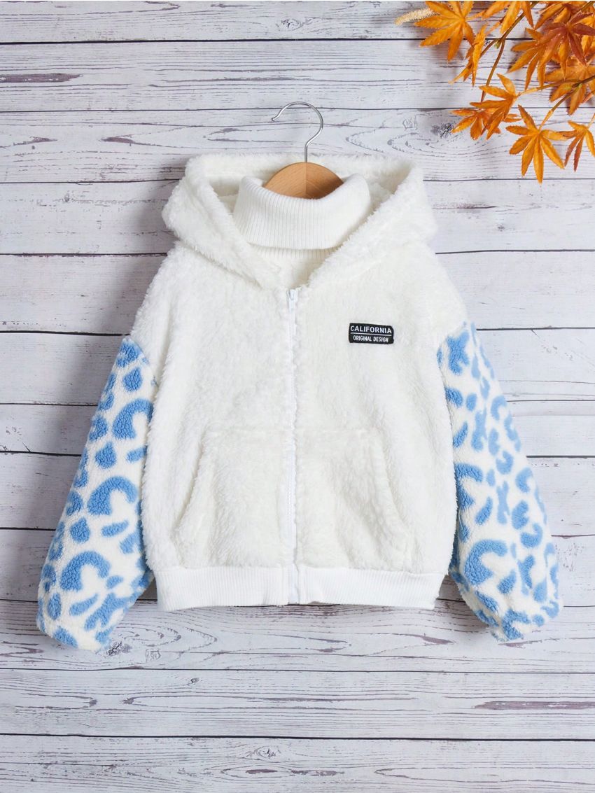 SHEIN Kids Cooltwn Little Girls' Leopard Patchwork & Badge Detail Hooded Jacket
