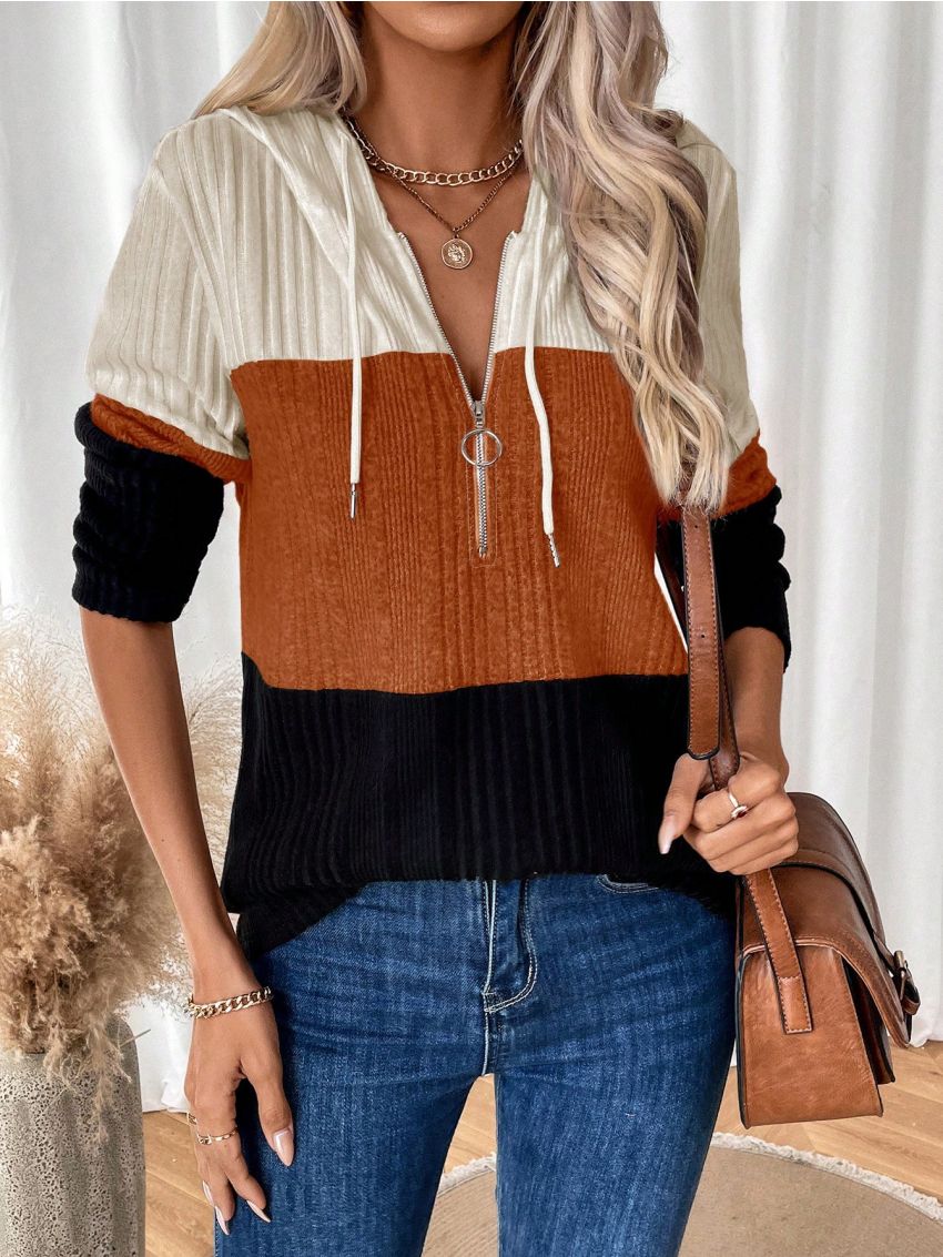 Zipper Half Placket Drawstring Hoodie