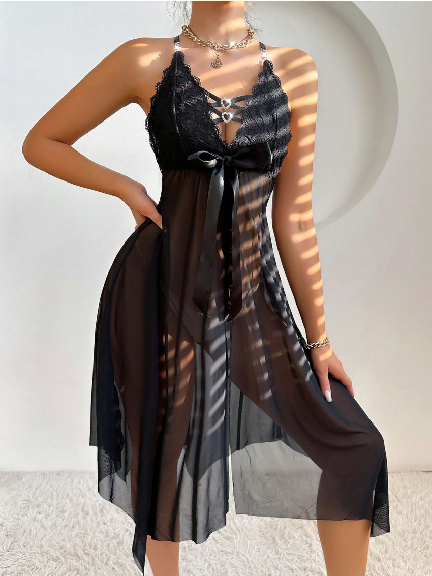 1pc Bow Decor Lace Panel High Slit Mesh Cami Nightgown