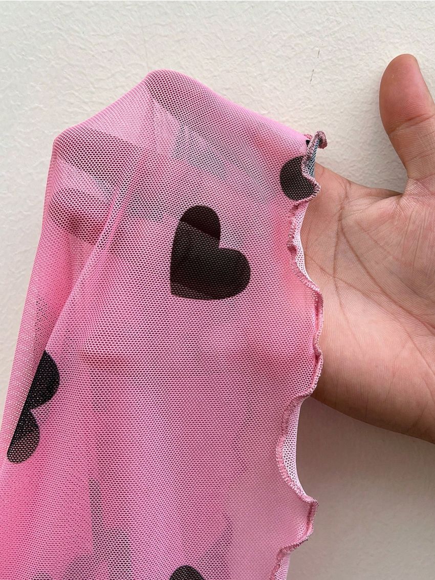 SHEIN Qutie Plus Size Women's Pink Sheer Mesh Top With Heart Pattern