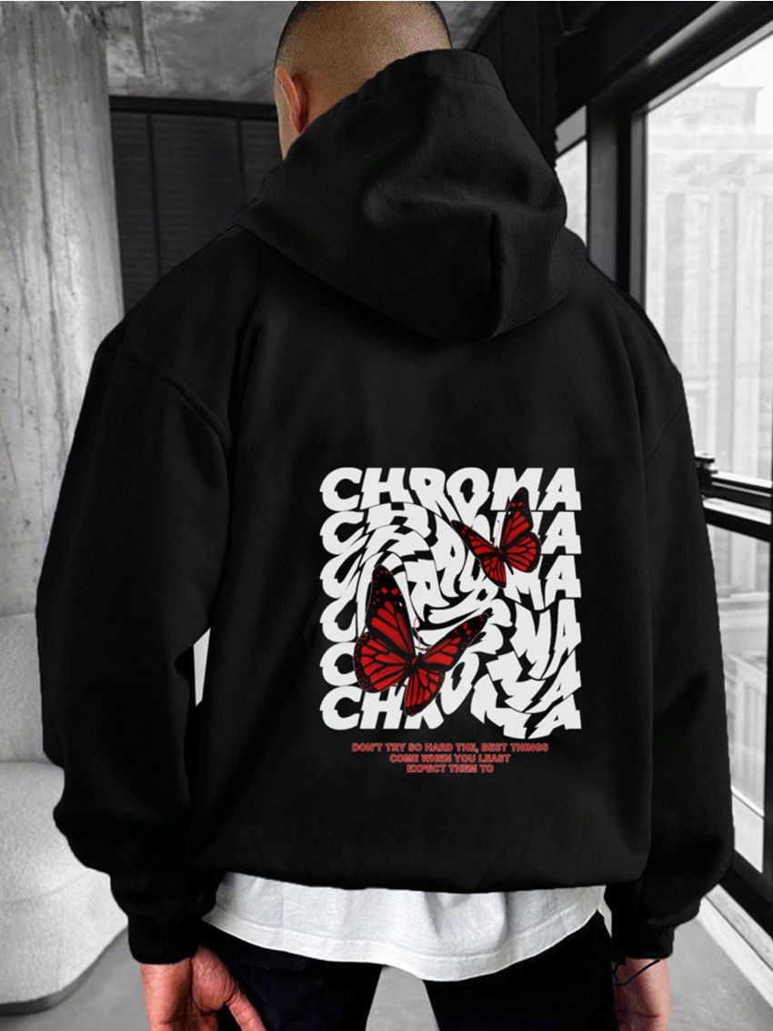 Manfinity EMRG Men's Letter & Butterfly Pattern Printed Hooded Sweatshirt