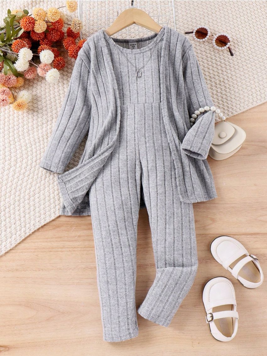 Toddler Girls' Ribbed Knit Jumpsuit With Vest And Cardigan Two Piece Set