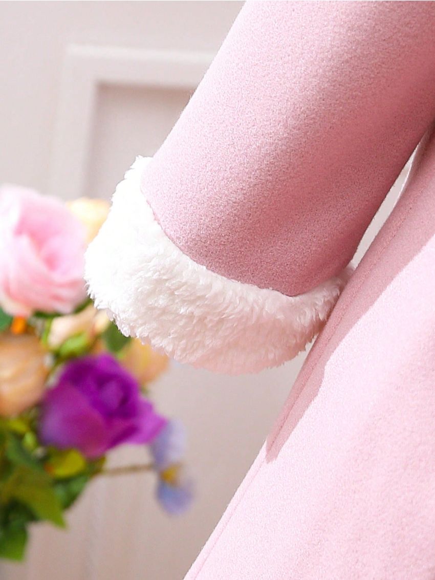 SHEIN Kids EVRYDAY Tween Girl Borg Collar Fold Pleated Overcoat & Hat