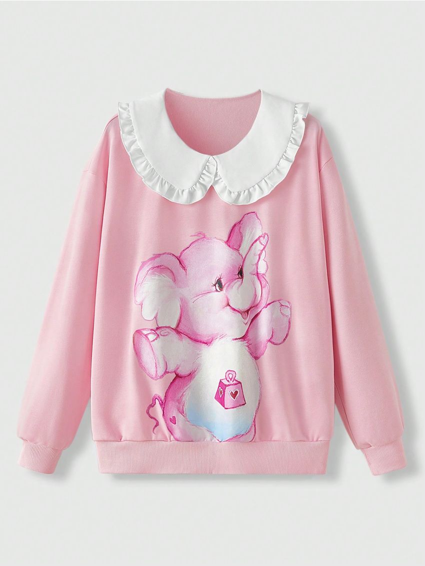 ROMWE X Care Bears Women's Cartoon Printed Color Block Doll Collar Sweatshirt