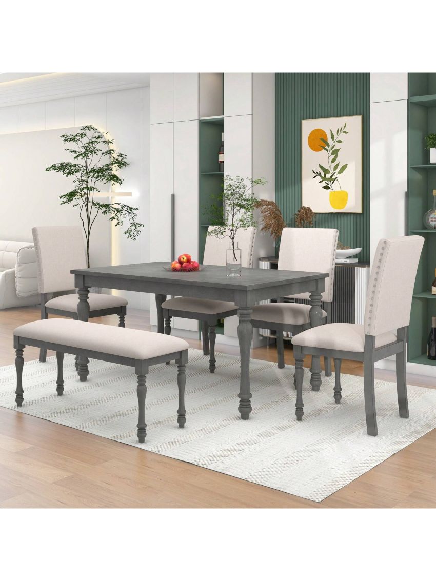 Nestfair 6-Piece Wood Dining Table Set with 4 Upholstered Chairs and Bench