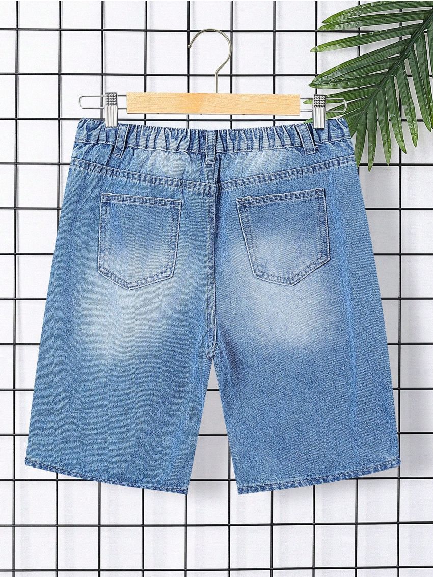 SHEIN Teenage Boys' Irregularly Distressed Straight Fit Denim Shorts Without Elasticity