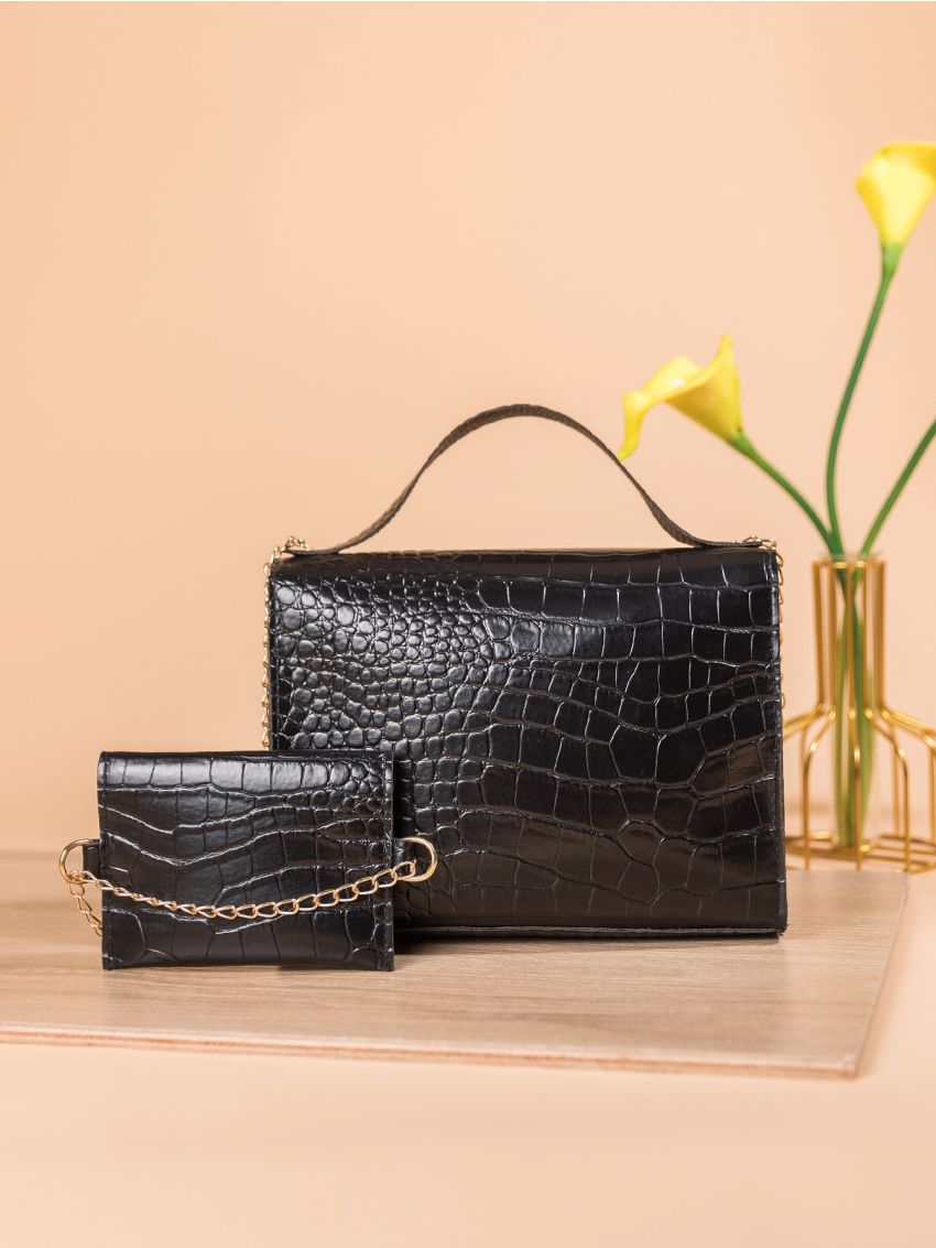 Crocodile Embossed Twist Lock Flap Square Bag With Coin Purse