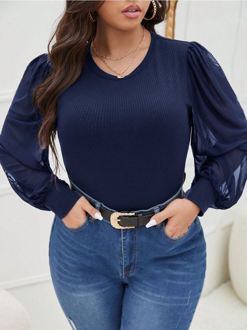 SHEIN Clasi Plus Contrast Mesh Lantern Sleeve Top