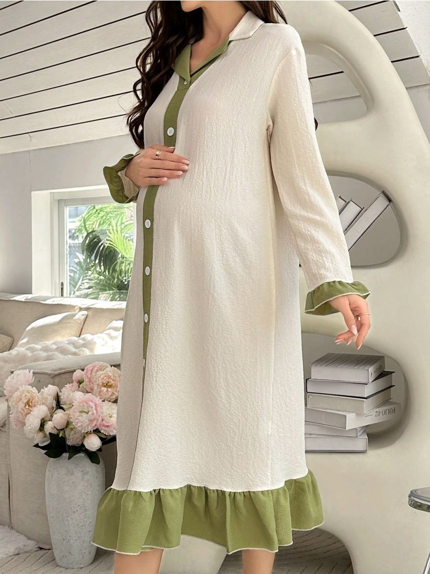 Maternity Color Block Ruffle Hem Sleep Shirt