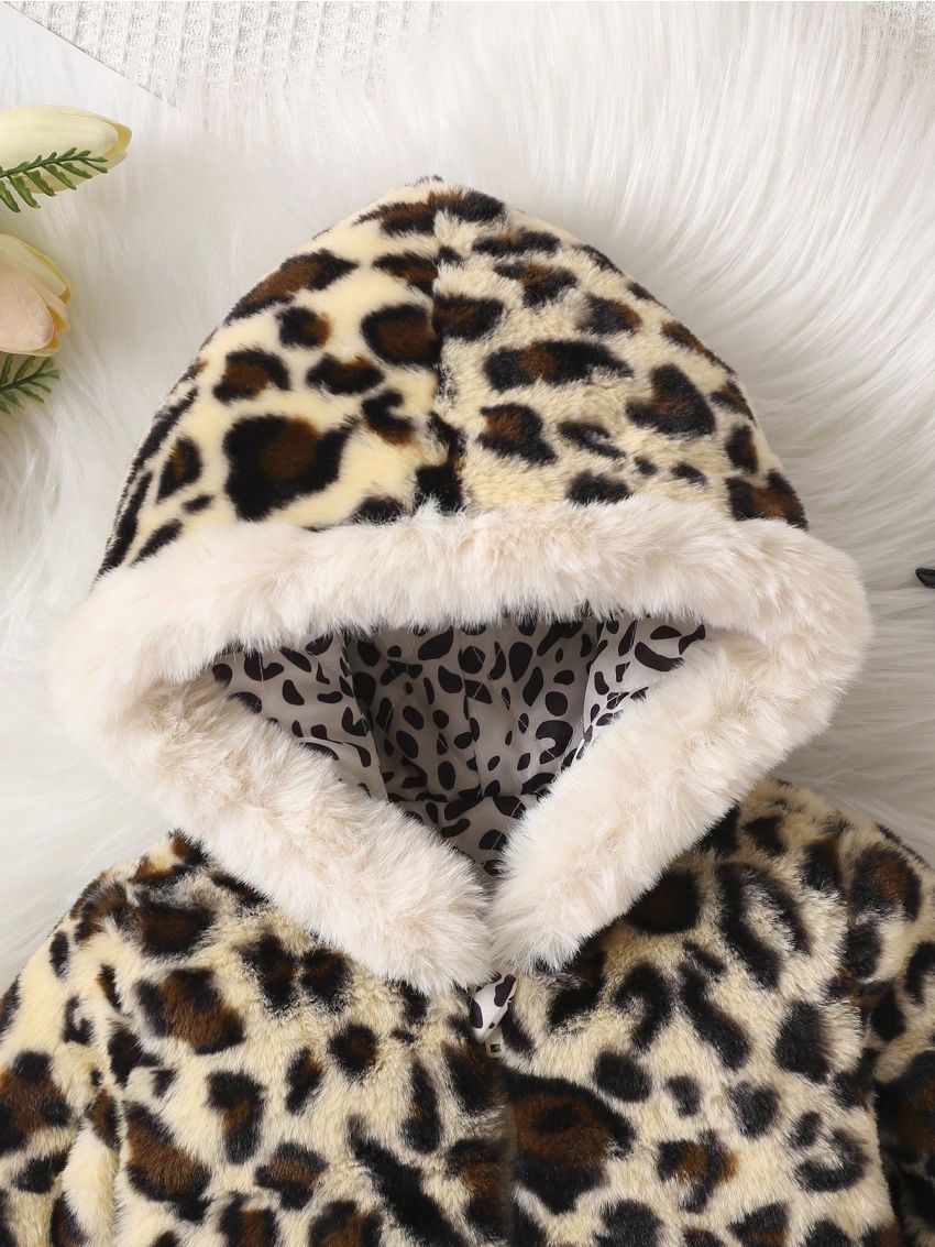 Baby Girl Leopard Print Hooded Fleece Winter Coat