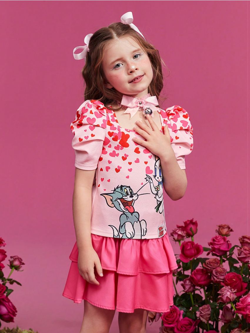 TOM & JERRY X SHEIN Young Girl Cartoon & Heart Print T-Shirt