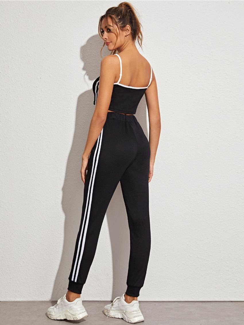 Striped Side Contrast Trim Cami Top With Sweatpants