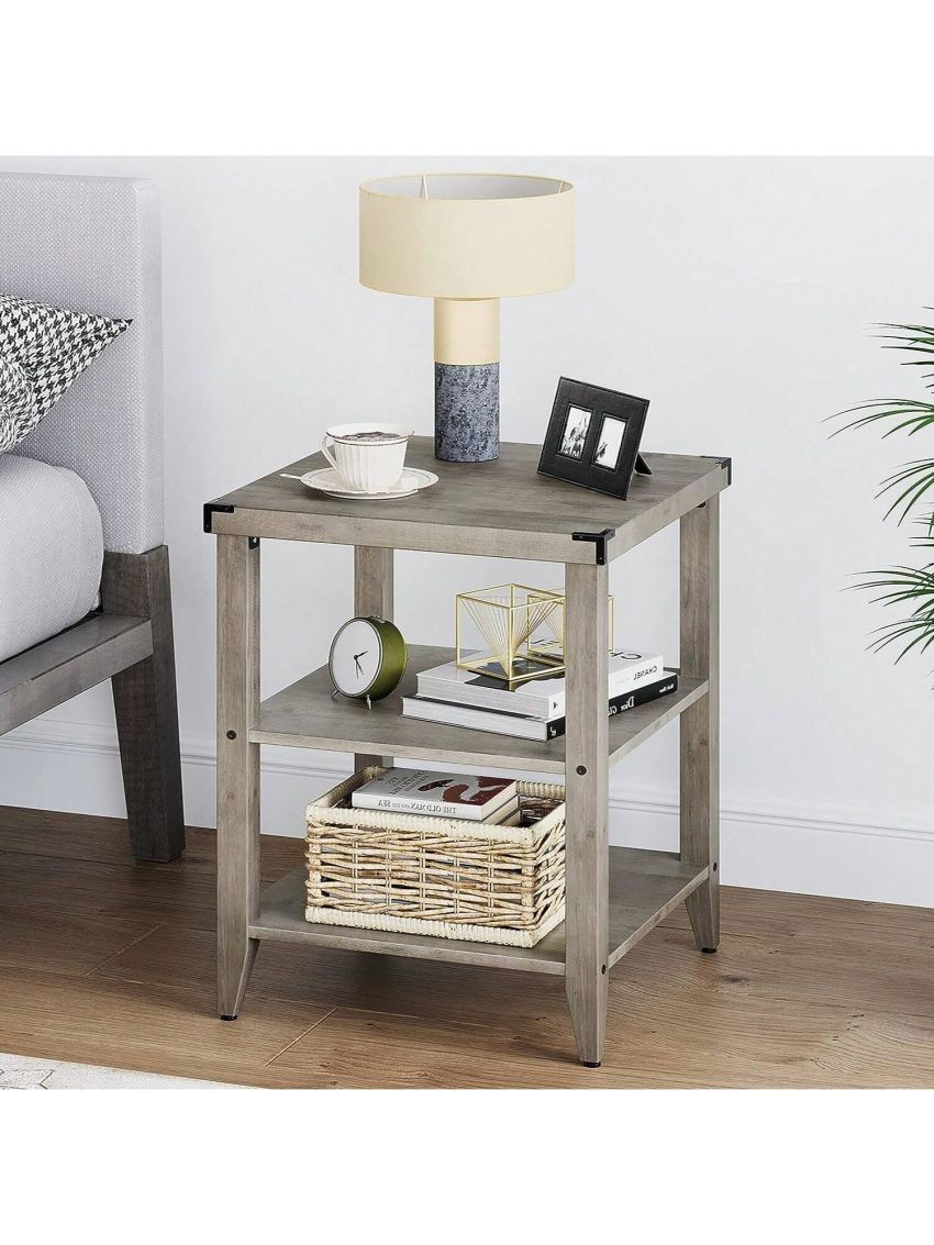 Farmhouse End Table, 3-Tier Side Table Small End Table with Storage Shelf for Small Space, Wood Nightstand for Living Room Office Bedroom