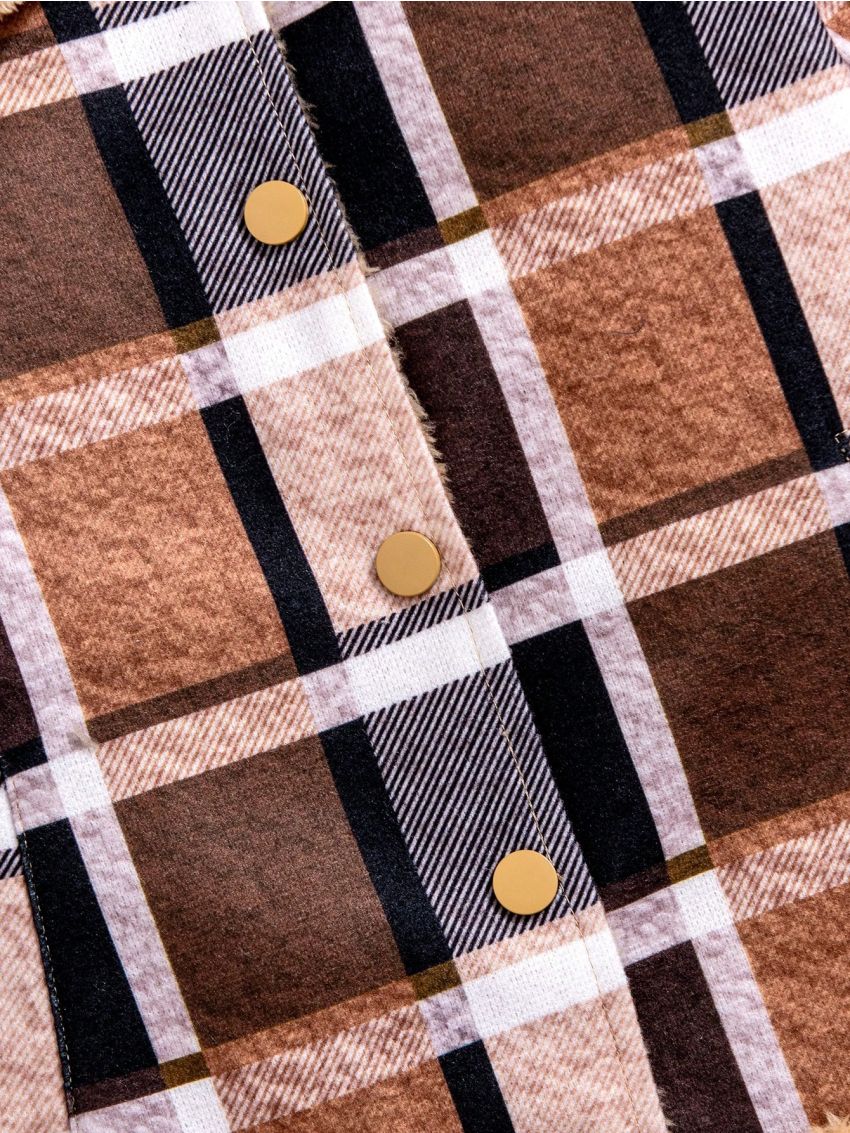 SHEIN Kids SUNSHNE Little Girls' Khaki Woolen Coat With Plush Splicing And Long Sleeves