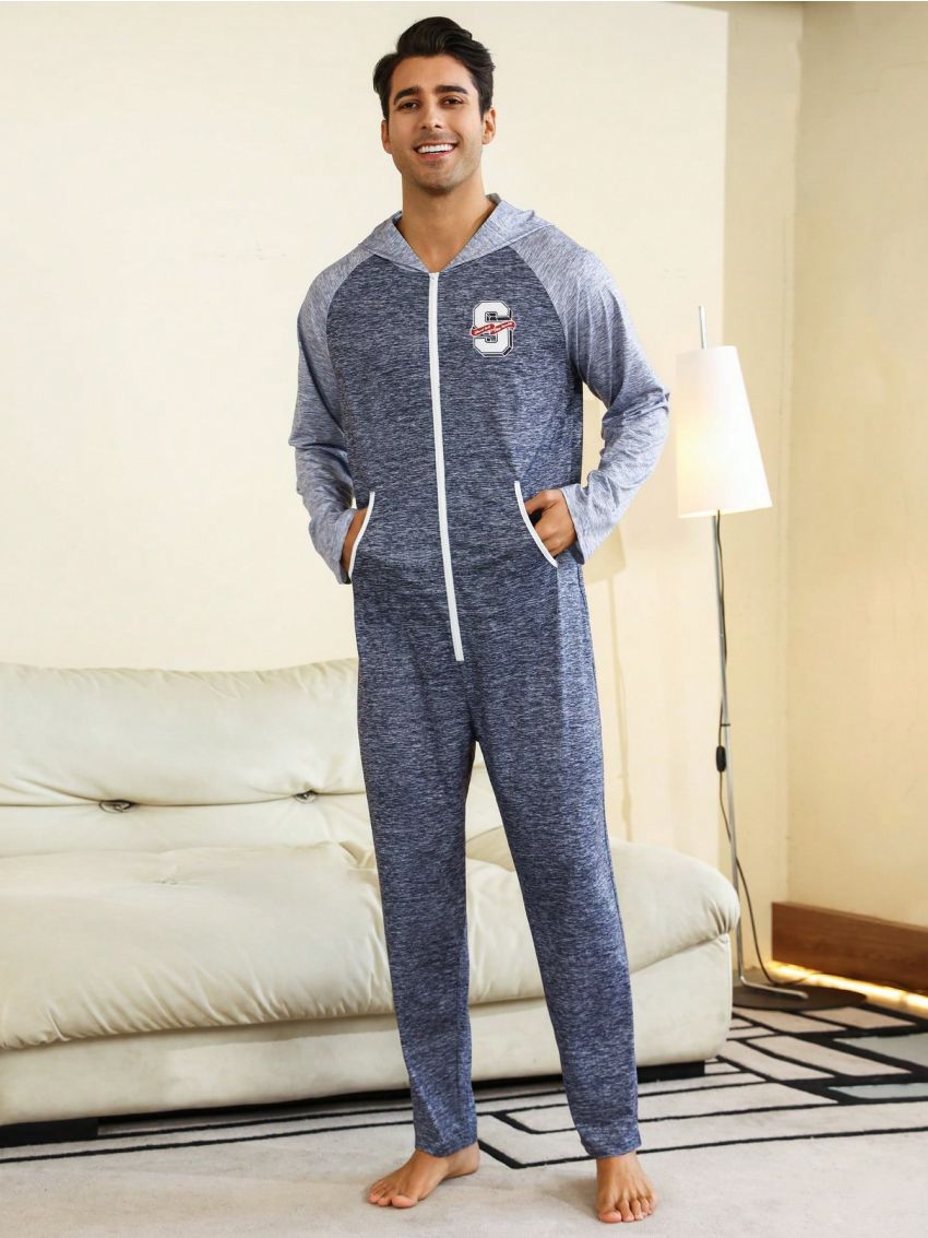Men's Hooded Letter Print Jumpsuit Lounge Wear