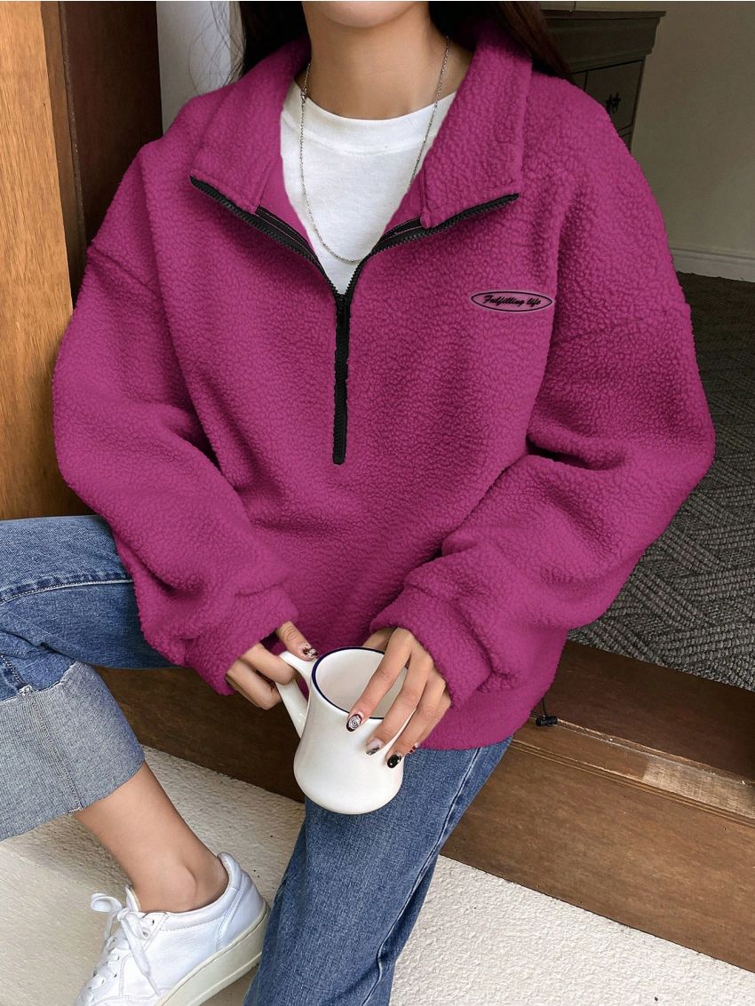 DAZY Letter Patched Half Zip Drop Shoulder Teddy Sweatshirt