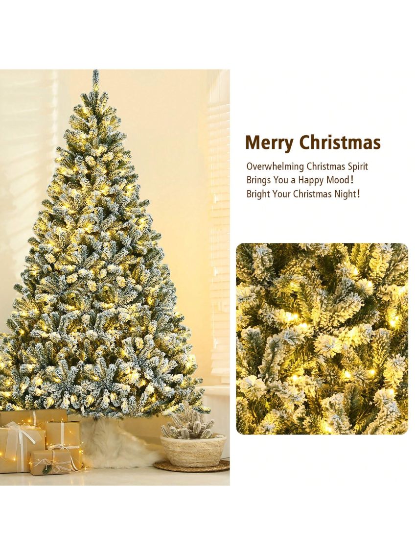 Costway 8ft Pre-lit Snow Flocked Hinged Christmas Tree w/1502 Tips & Metal Stand