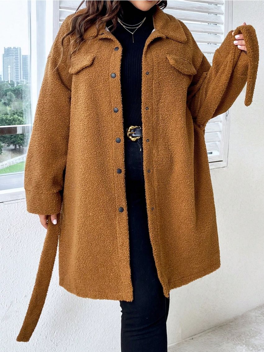 SHEIN Privé Plus Drop Shoulder Belted Teddy Coat