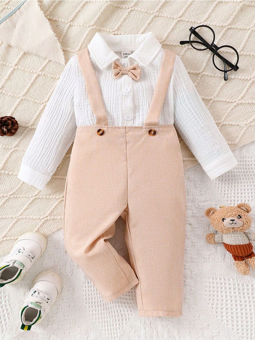 3pcs/Set Baby Boys' Comfortable And Linen Shirt, Suspenders Pants And Bowtie Gentleman Outfit