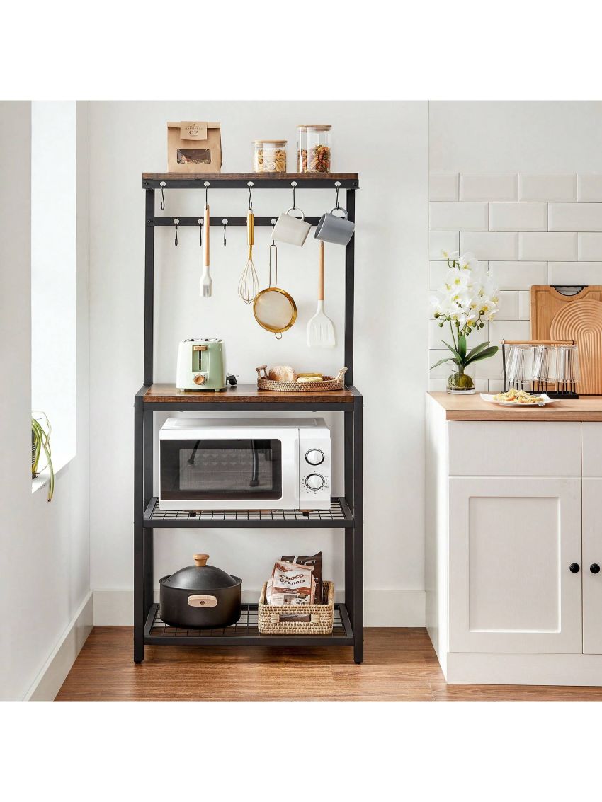 VASAGLE Kitchen Baker's Rack, Microwave Oven Stand with Storage Shelves, and 12 Hooks, Industrial, 15.7 x 23.6 x 59.6 Inches, Rustic Brown and Black