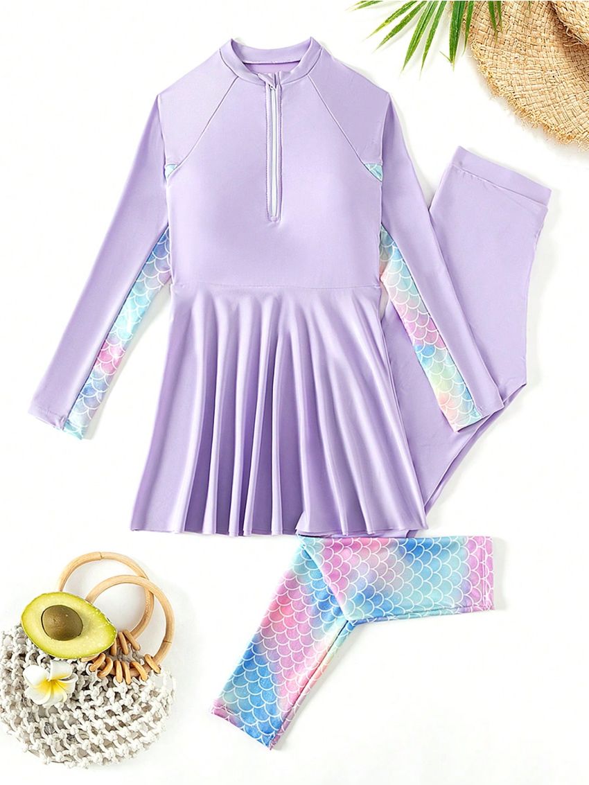 Tween Girls' Mermaid Scale Print Patchwork Swimsuit, 2pcs/Set