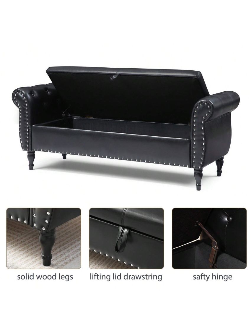 Modern Rolled Arm Storage Ottoman Bench, Multifunctional Storage Rectangular Sofa Stool, Leather Storage Benches for Bedroom Entryway Hallway Living Room