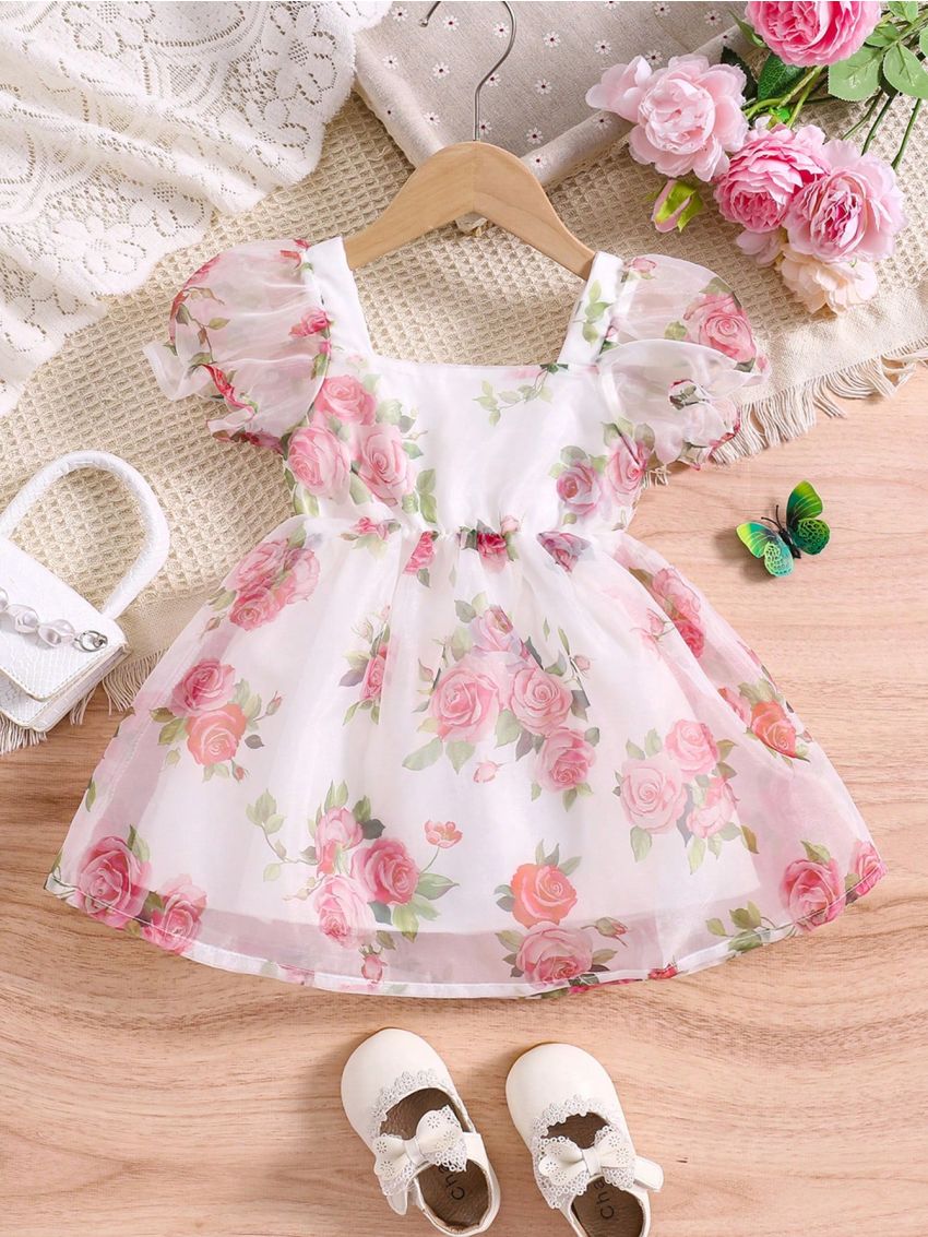 Baby Girls' Rose Printed Organza Bubble Sleeve Dress