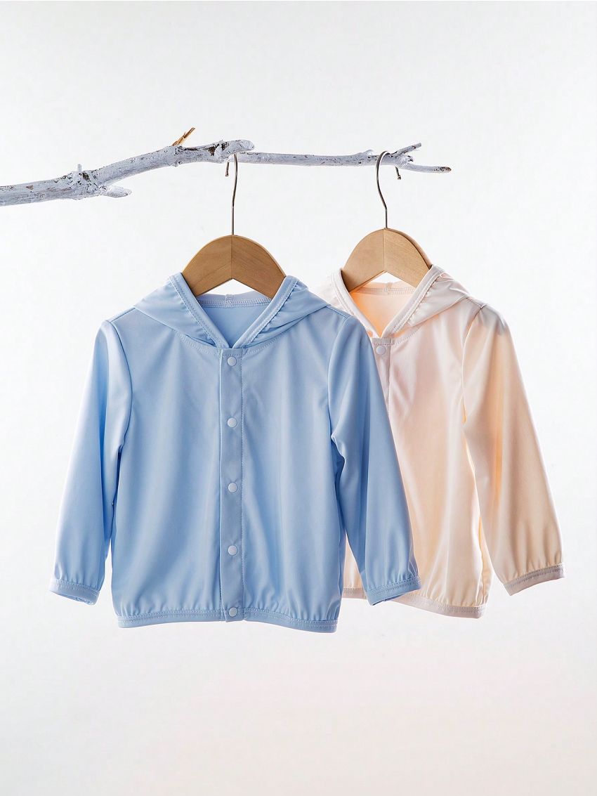 Baby Girls' Thin Hooded Sunscreen Cardigan Coat, 2pcs/Set Solid Color For Spring/Summer
