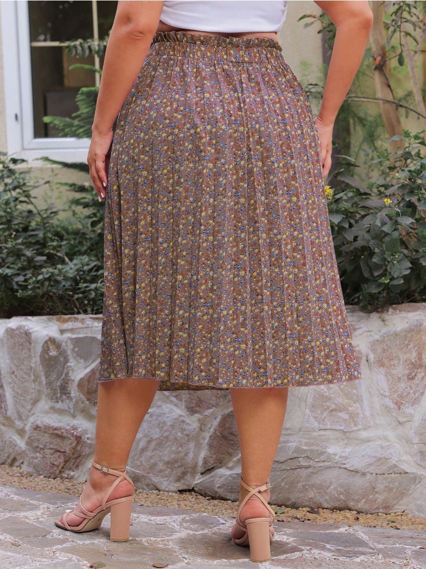 SHEIN VCAY Women's Plus Size High Waist Self-tie Belt Floral Printed Pleated Midi Skirt With Small Flower Pattern
