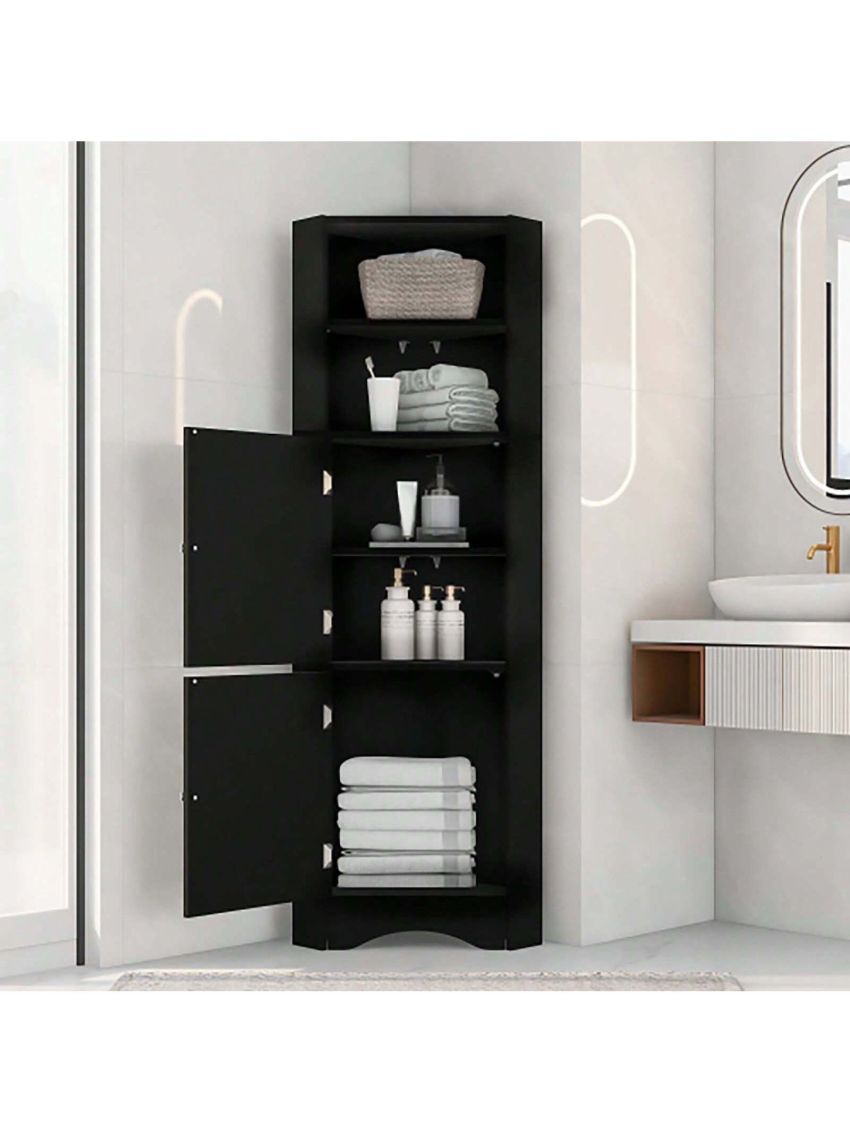 Tall Bathroom Corner Cabinet, Freestanding Storage Cabinet with Doors and Adjustable Shelves, MDF Board, Black