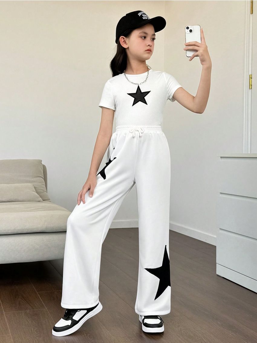 SHEIN Kids EVRYDAY Tween Girls' Knitted Loose Fit Casual Sweatpants With Star Pattern