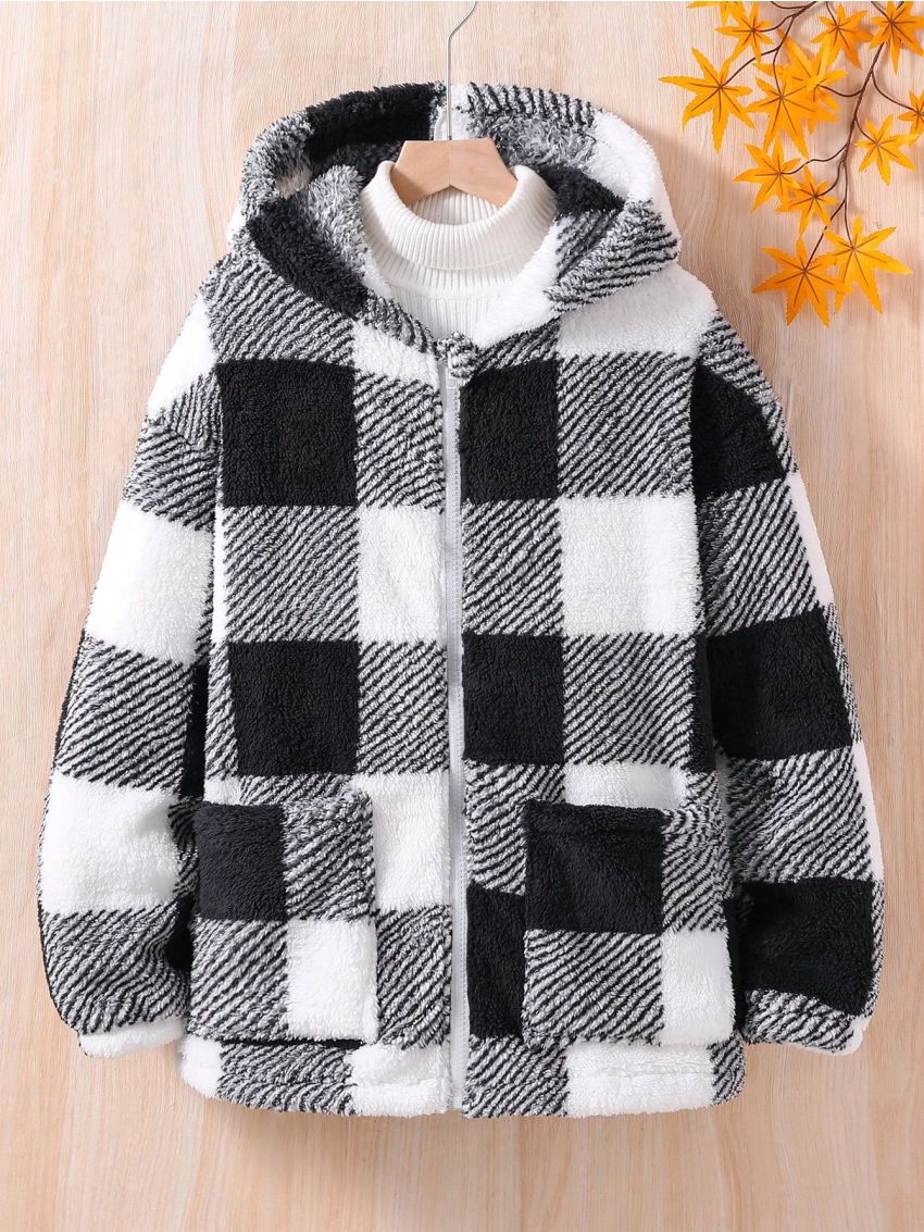 Teenage Girls' Plush Grid Pattern Printed Hooded Coat