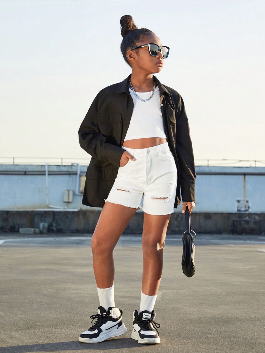 SHEIN Tween Girls Stretchy Irregular Ripped Tight Straight Leg Denim Shorts