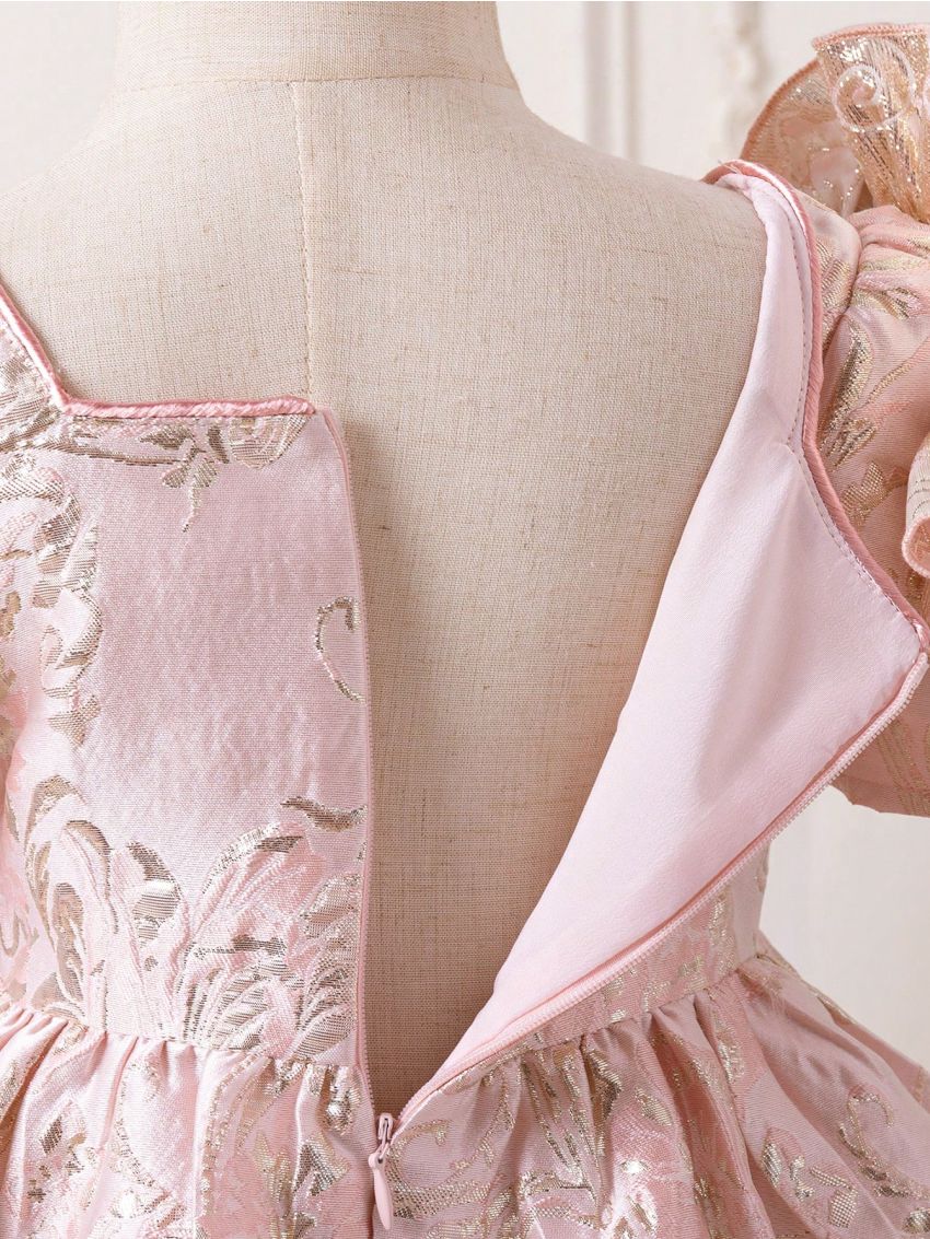 SHEIN Kids CHARMNG Little Girls' Square Neck Dress With 3d Rose Decoration And Jacquard Fabric