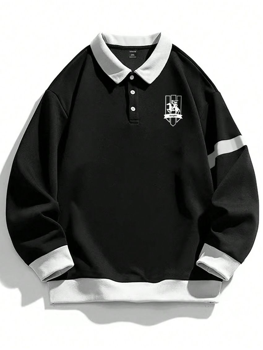 Manfinity Sporsity Men's Plus Size Contrast Panel Button Half Placket Sweatshirt