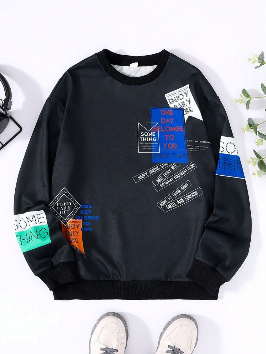 SHEIN Tween Boys Casual Street Style Letter Patch & Print Round Neck Pullover Knit Sweatshirt