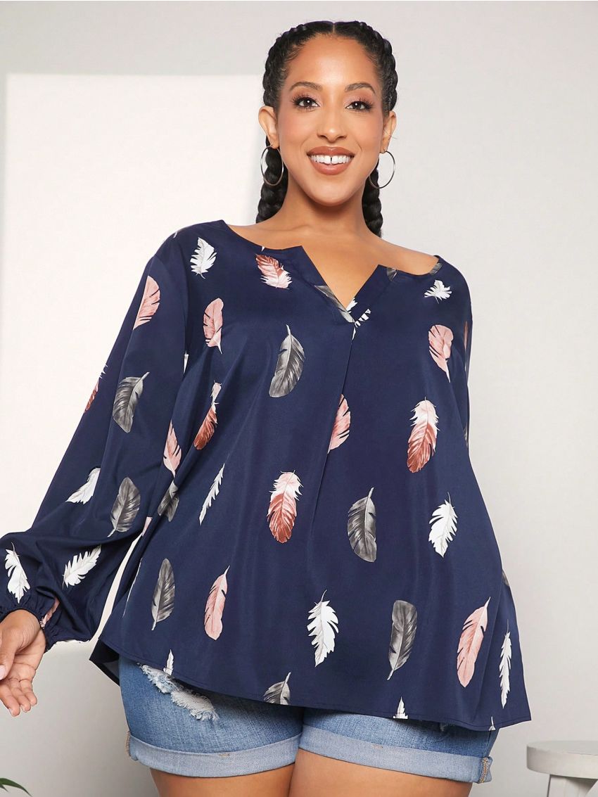 SHEIN CURVE+ Plus Size Feather Pattern Printed Notched-Neck Long Sleeve Shirt