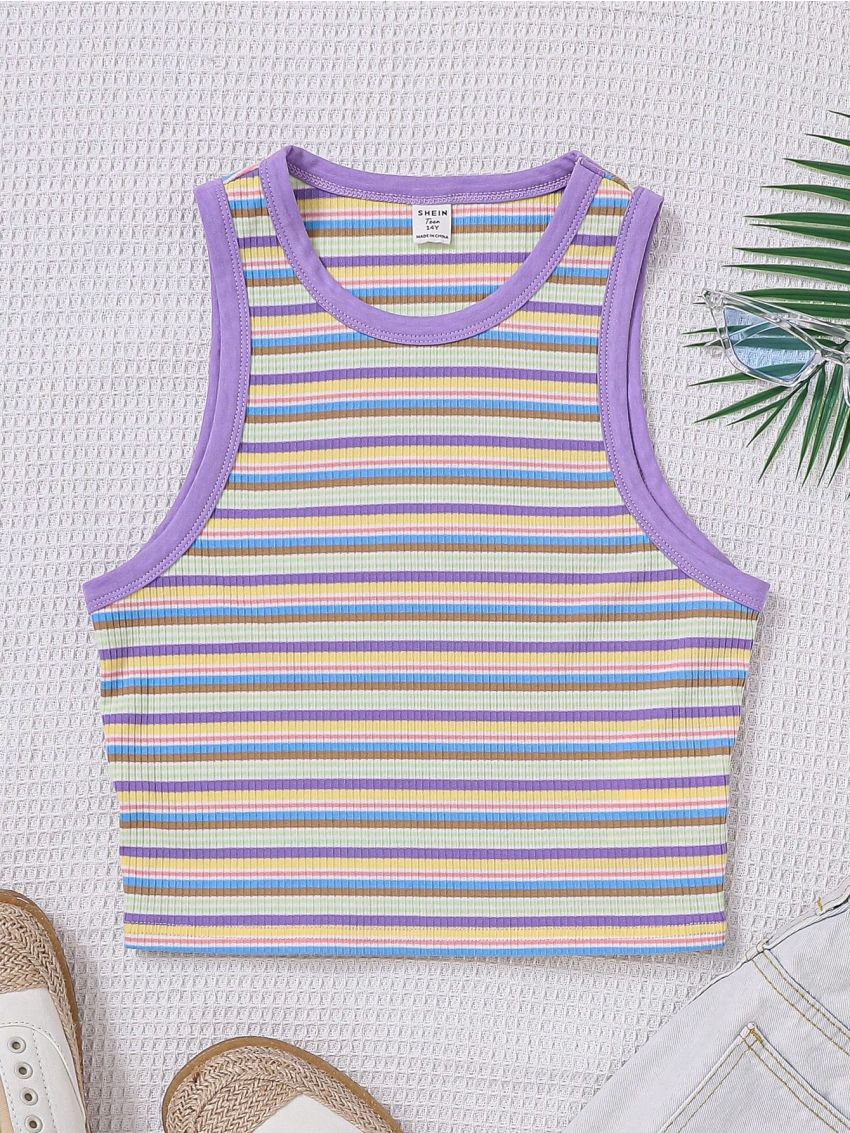 SHEIN Teen Girl Knitted Ribbed Colorful Colorblock Casual Tank Top