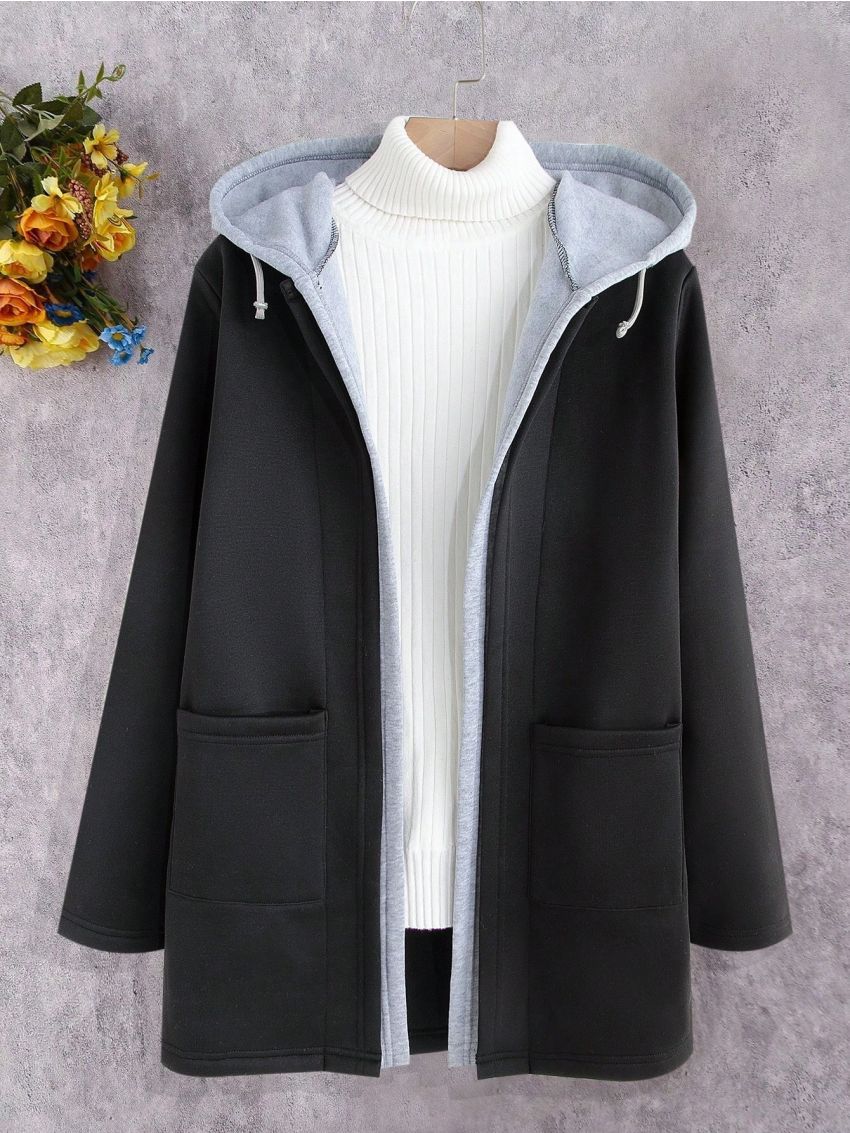 Teen Girls' Color Block Knitted Mid-Length Hooded Coat (Sold Separately For 5 Pieces)