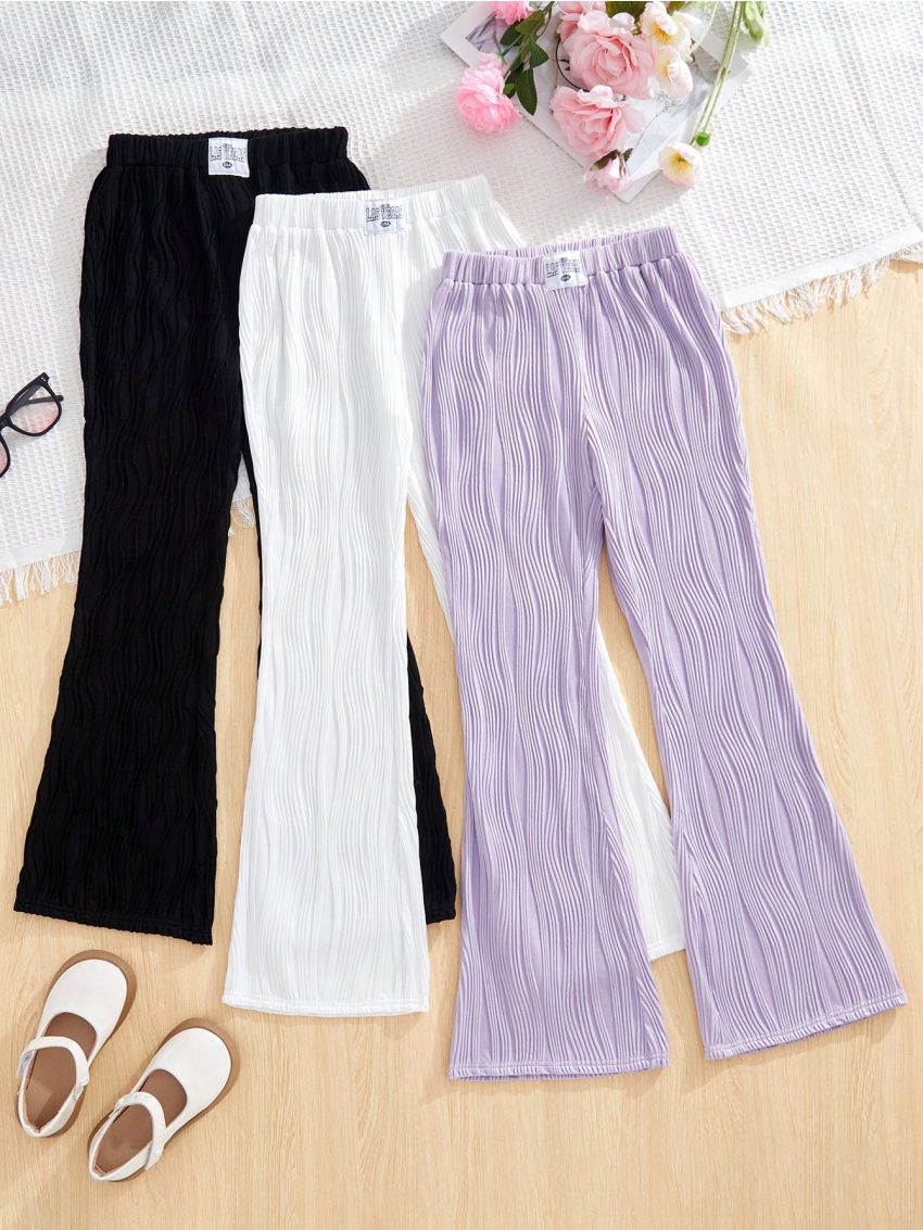 SHEIN Kids Nujoom Big Girls' Leisure Textured Fabric Weaving Decoration Multi-Piece Set Long Pants
