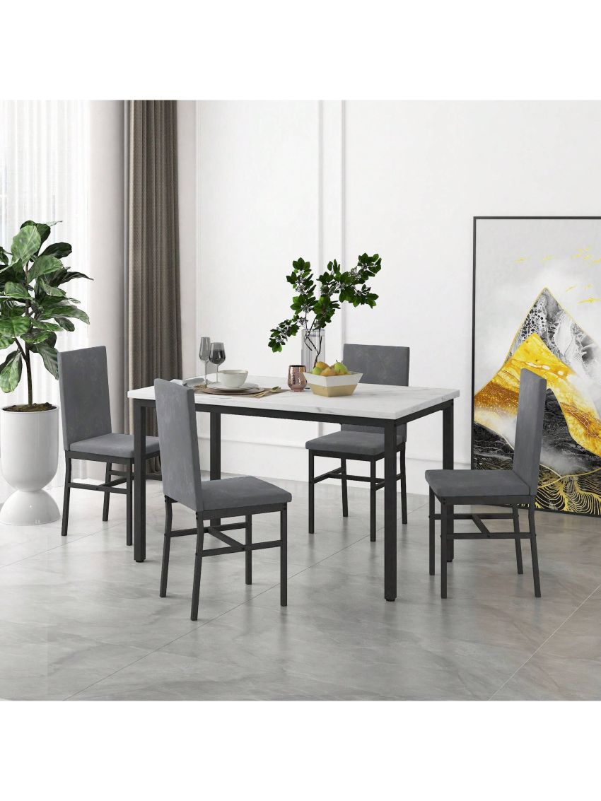 Dining Table Set for 4,5 Piece Dining Table Set with Faux Marble Tabletop Dining Table and 4 Dining Chairs, Modern Dining Table Set for Kitchen Dining Room Living Room