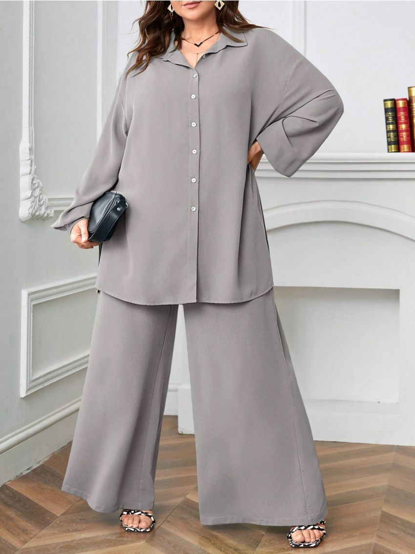 SHEIN LUNE Plus Drop Shoulder Shirt & Wide Leg Pants