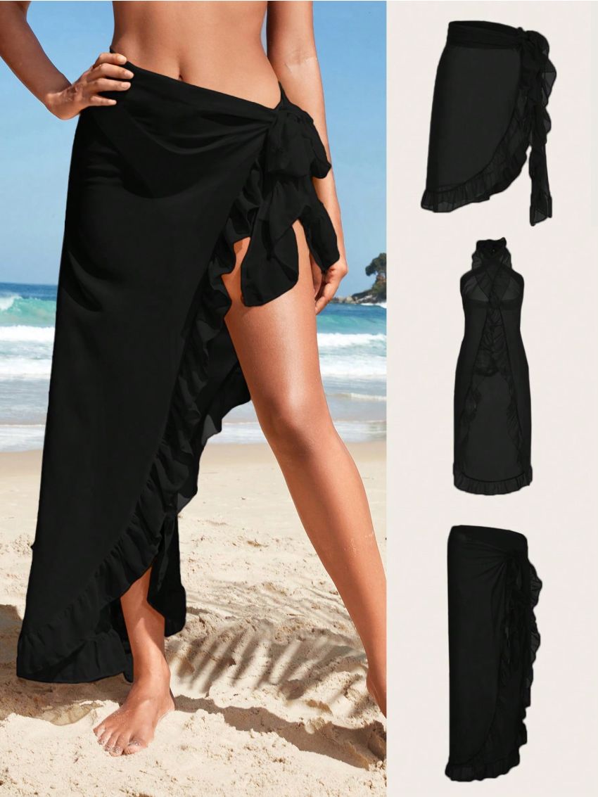 SHEIN Swim Summer Beach Ruffle Trim Tie Side Cover Up Skirt