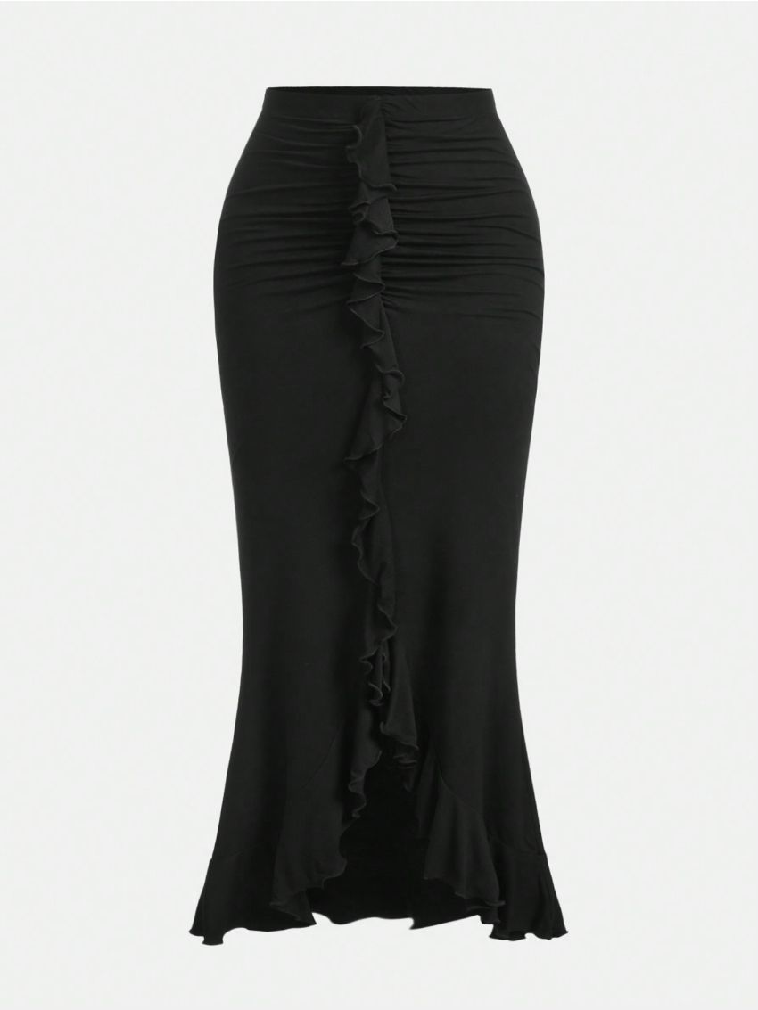 Teen Girls' Knit Solid Color Pleated Skirt With Ruffle Hem