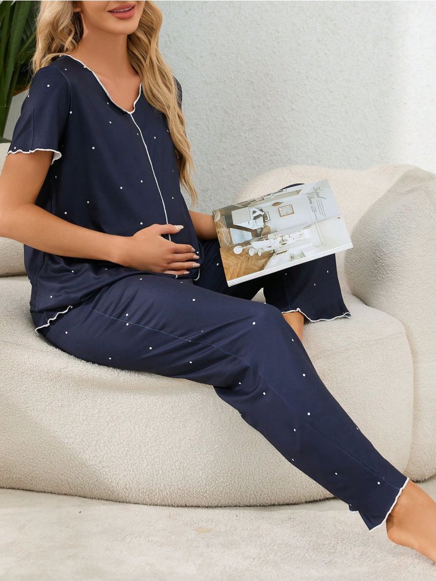 Maternity Contrast Trim Polka Dot Printed Pajama Set