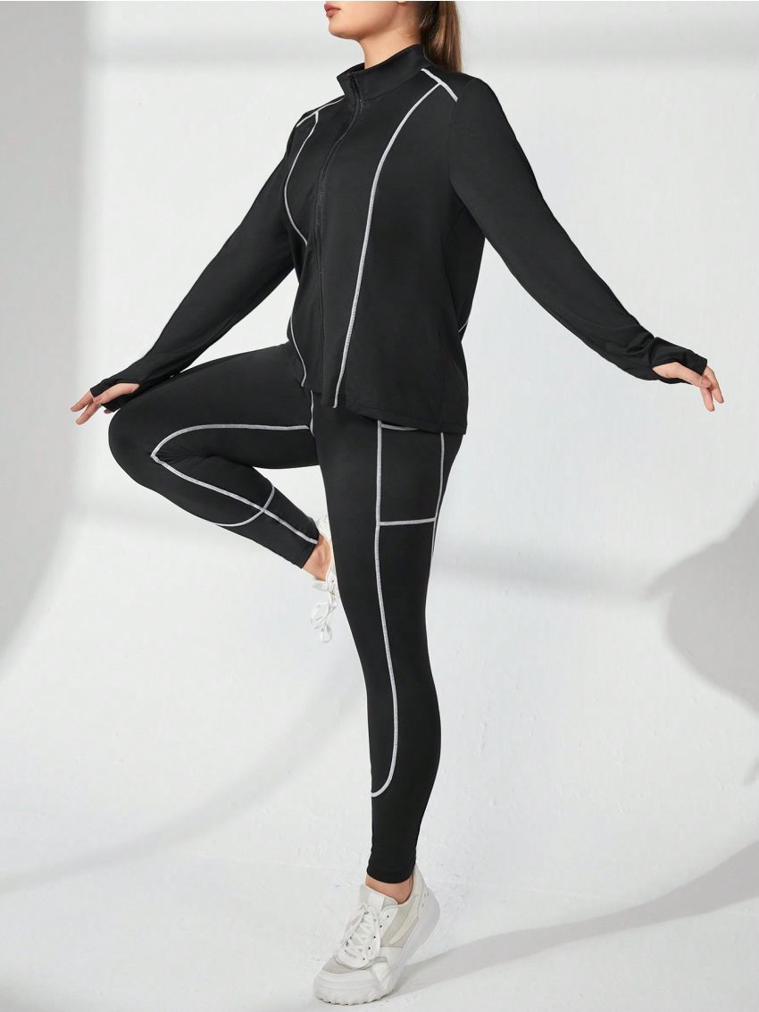 SHEIN Yoga Trendy Plus Size Striped Long Pants & Long Sleeve Top With Thumb Holes And Zipper Set