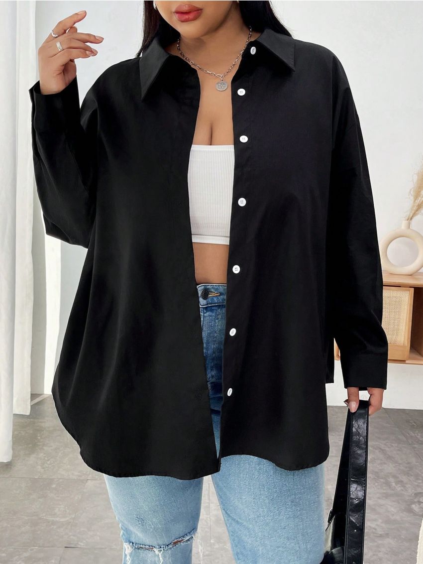 SHEIN CURVE+ Plus Size Ladies' Solid Color Back Letter Print Shirt