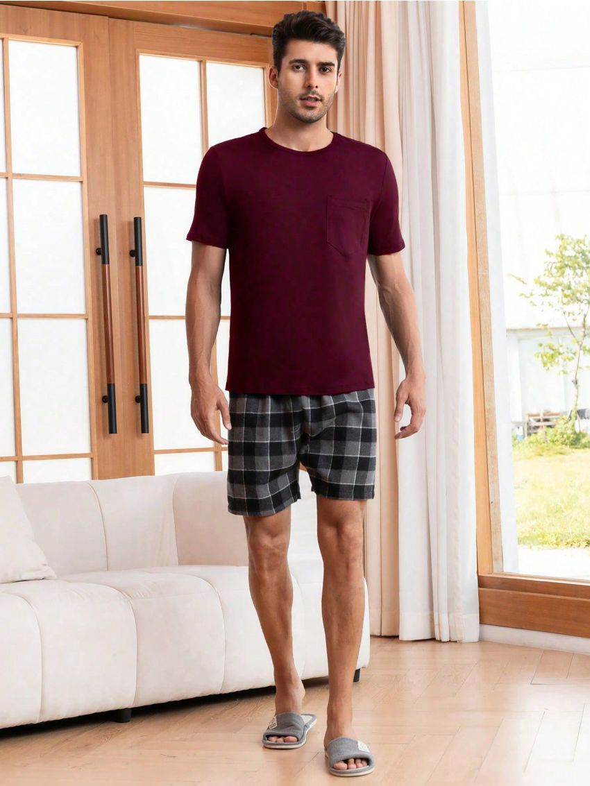 Men Solid Tee & Plaid Print Shorts